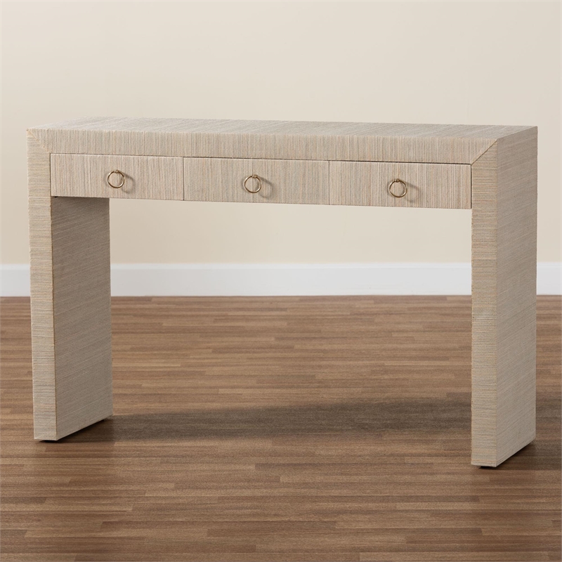 bali & pari Cielo Bohemian Woven Natural Grasscloth 3-Drawer Console Table