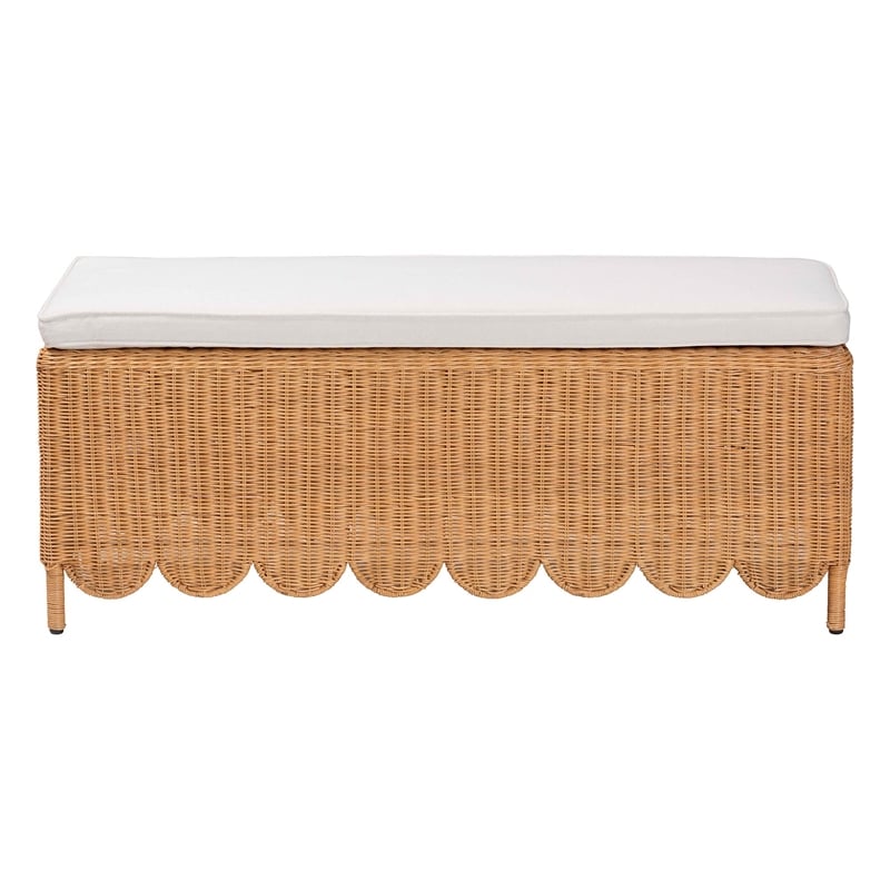 bali & pari Teresa Bohemian Light Honey Scalloped Rattan Ottoman Bench