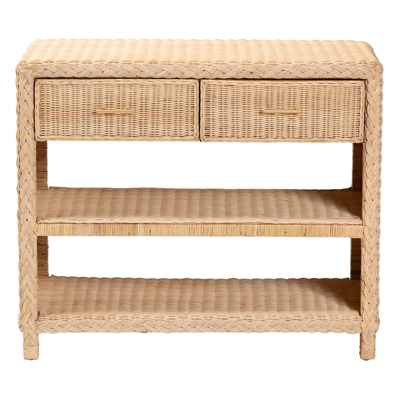bali & pari Lanica Braided Natural Rattan Console Table with Drawers and Shelves