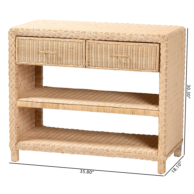 bali & pari Lanica Braided Natural Rattan Console Table with Drawers and Shelves