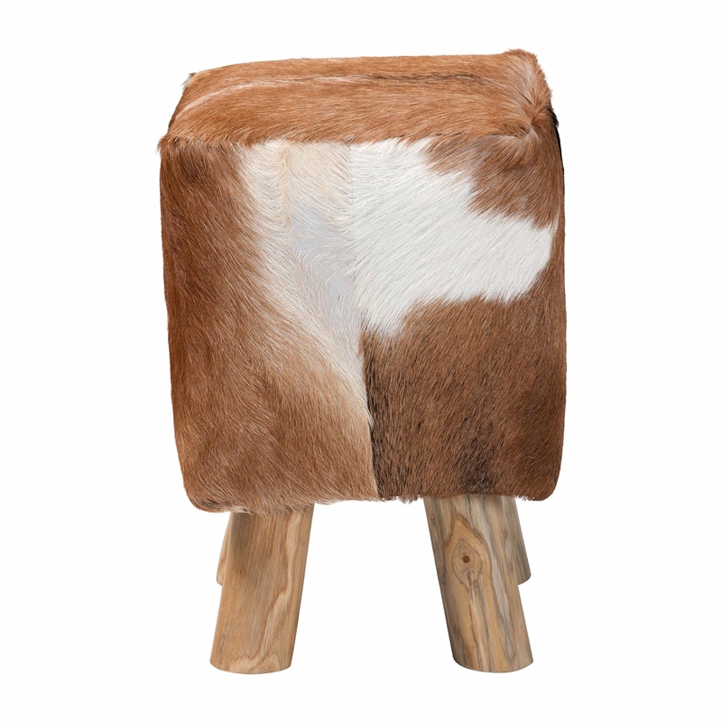 bali & pari Scotlyn Leather Footstool with Wood Legs - Rustic Boho Accent Seat