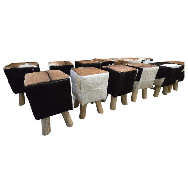 bali & pari Scotlyn Leather Footstool with Wood Legs - Rustic Boho Accent Seat