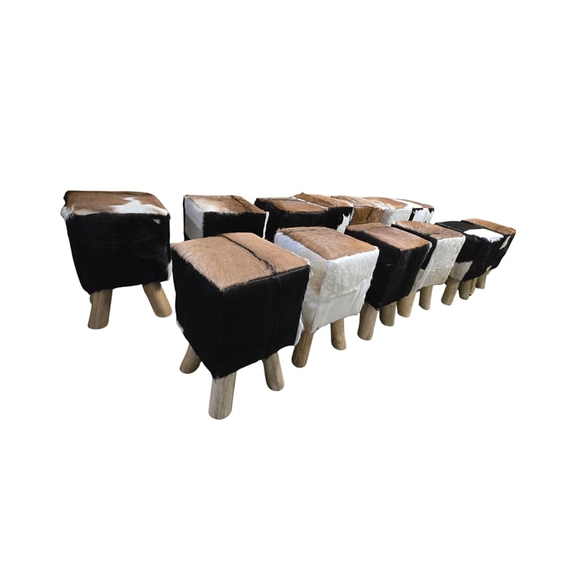 bali & pari Scotlyn Leather Footstool with Wood Legs - Rustic Boho Accent Seat