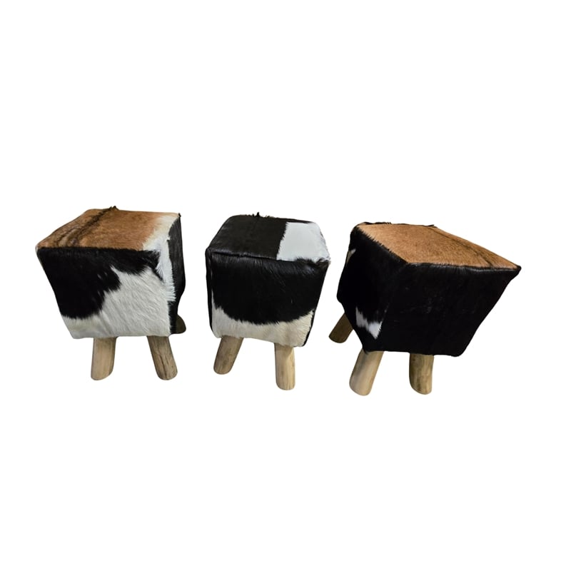 bali & pari Scotlyn Leather Footstool with Wood Legs - Rustic Boho Accent Seat