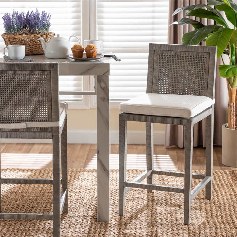 bali & pari Sofia Rattan Counter Stool with Wood Frame Counter Height Grey