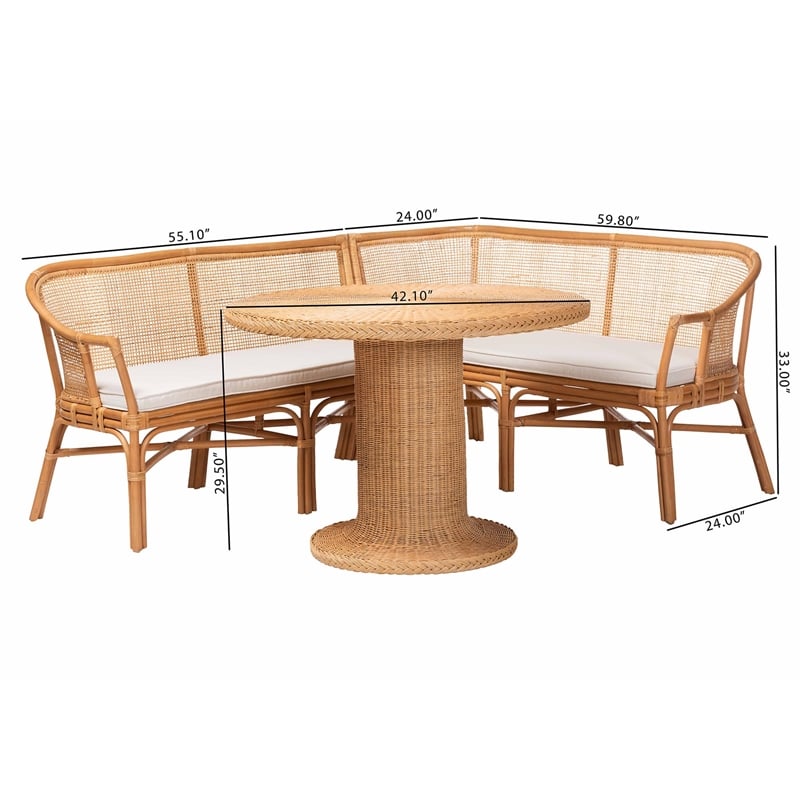 bali & pari Aara 3-Piece Natural Rattan Dining Nook Set - L-Shaped Corner Bench