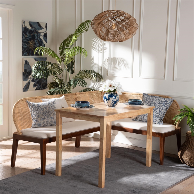 bali & pari Okinawa 3-Piece Dining Nook Set - L-Shaped Rattan Corner Benches