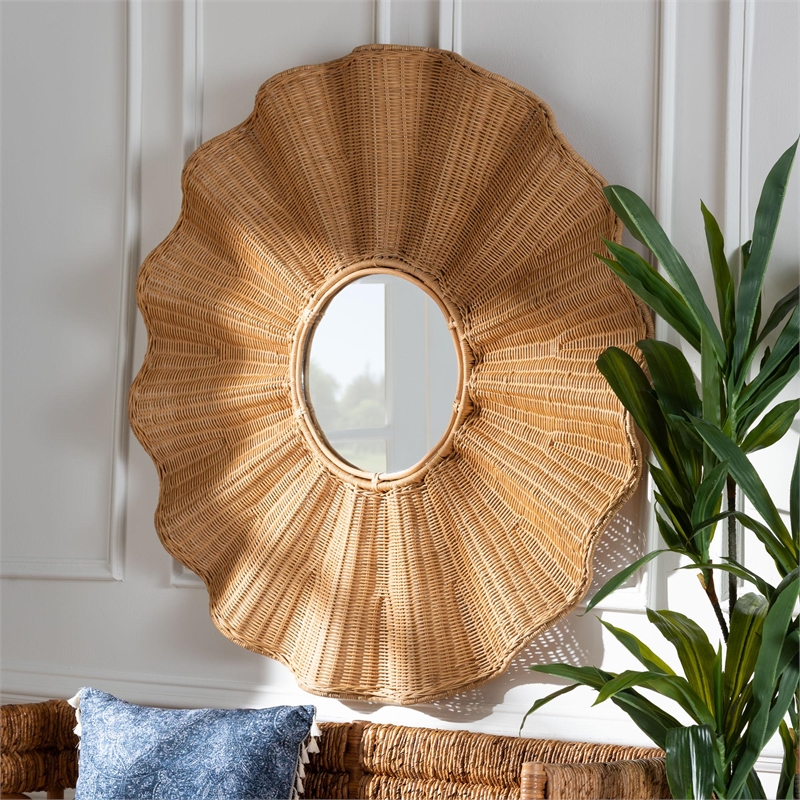 bali & pari Palm Scalloped Rattan Wall Mirror - Handwoven Wicker Round Mirror