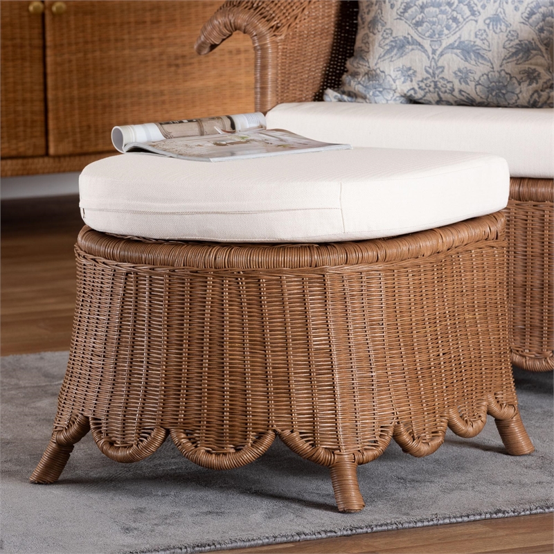 bali & pari Detta Rattan Footstool with Cushion - Handwoven Wicker Ottoman