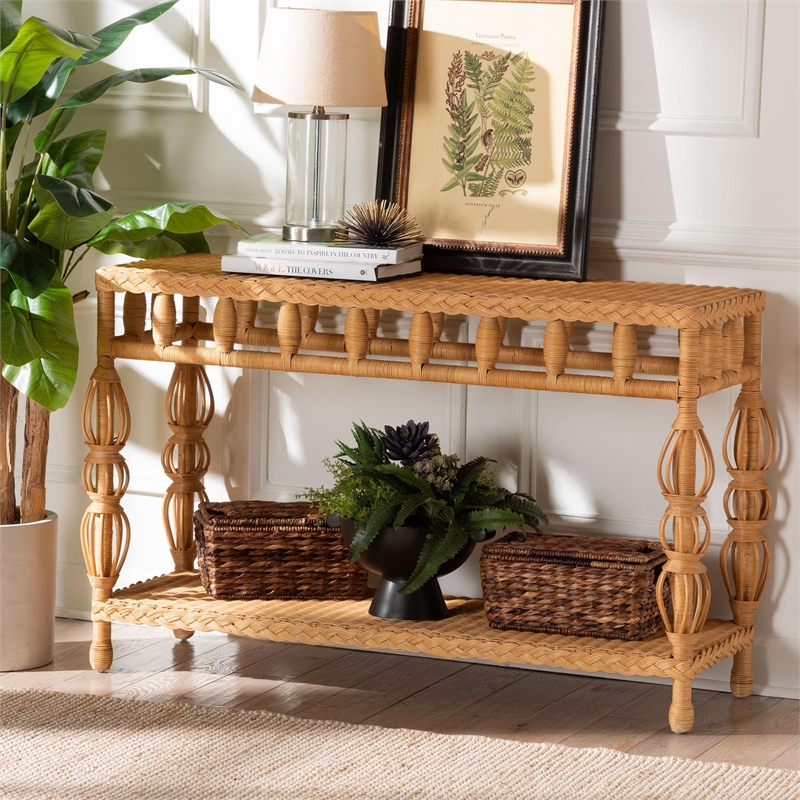 bali & pari Dolby Natural Rattan Console Table - Handwoven Wicker Accent Table