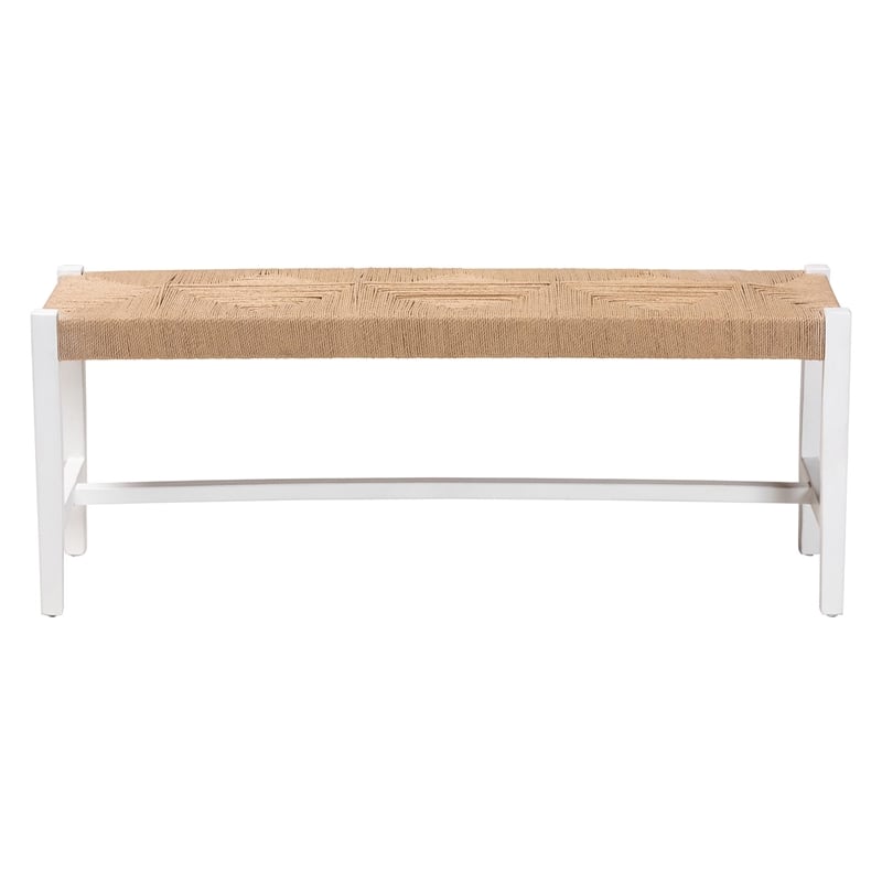 bali & pari Prita Woven Paper Loom Bench with Mahogany Wood Frame White