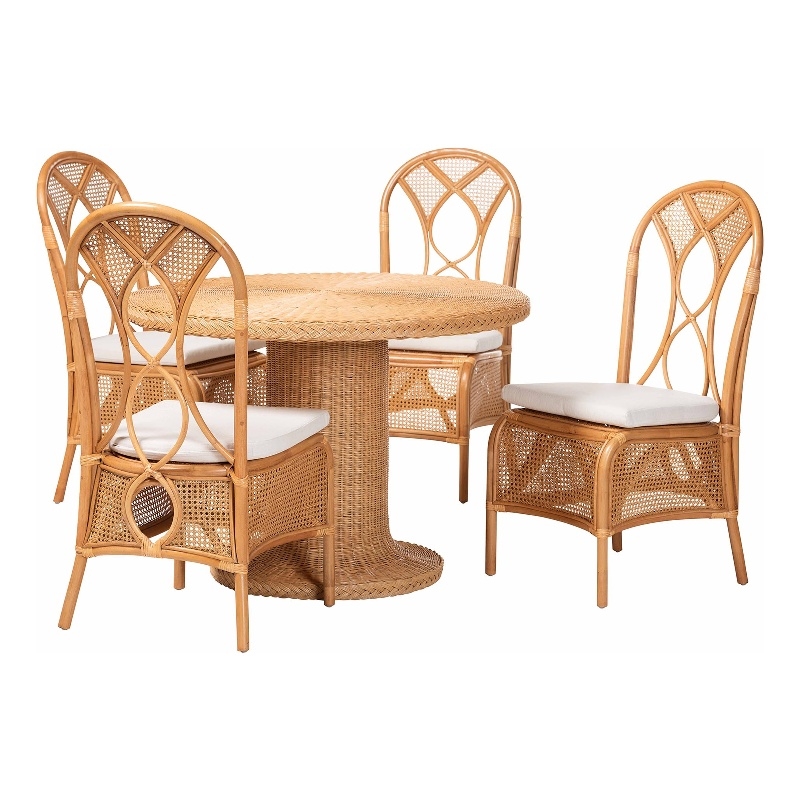 bali & pari Wallis 5-Piece Natural Rattan Dining Set with Round Pedestal Table