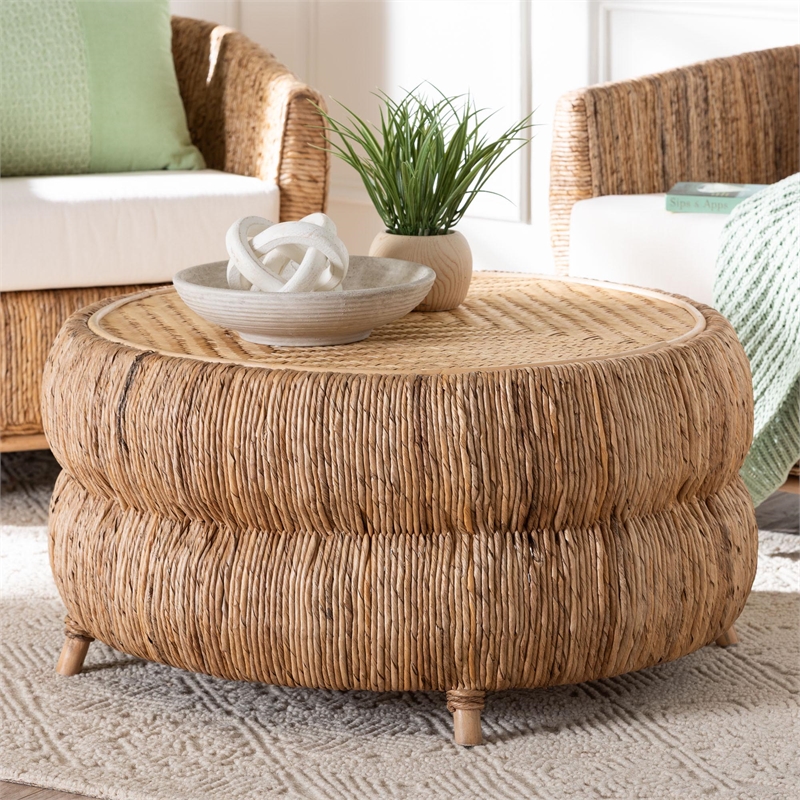 bali & pari Roma Rattan and Seagrass Coffee Table Low Profile Boho Accent Table