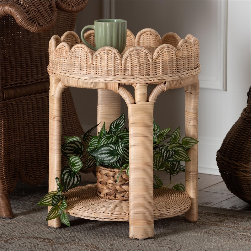 bali & pari Latoya Natural Rattan End Table Handwoven Wicker 2-Tier Side Table