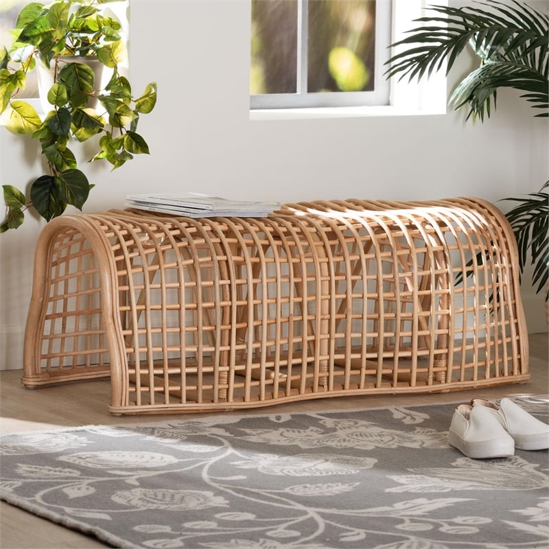 bali & pari Daiki Natural Rattan Bench with Curved Frame Lightweight Decorative
