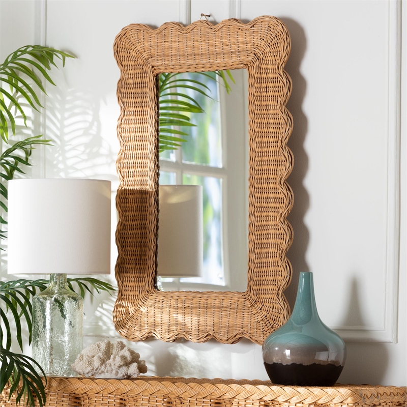 bali & pari Makoto Scalloped Natural Rattan Wall Mirror Wicker Rectangle Frame