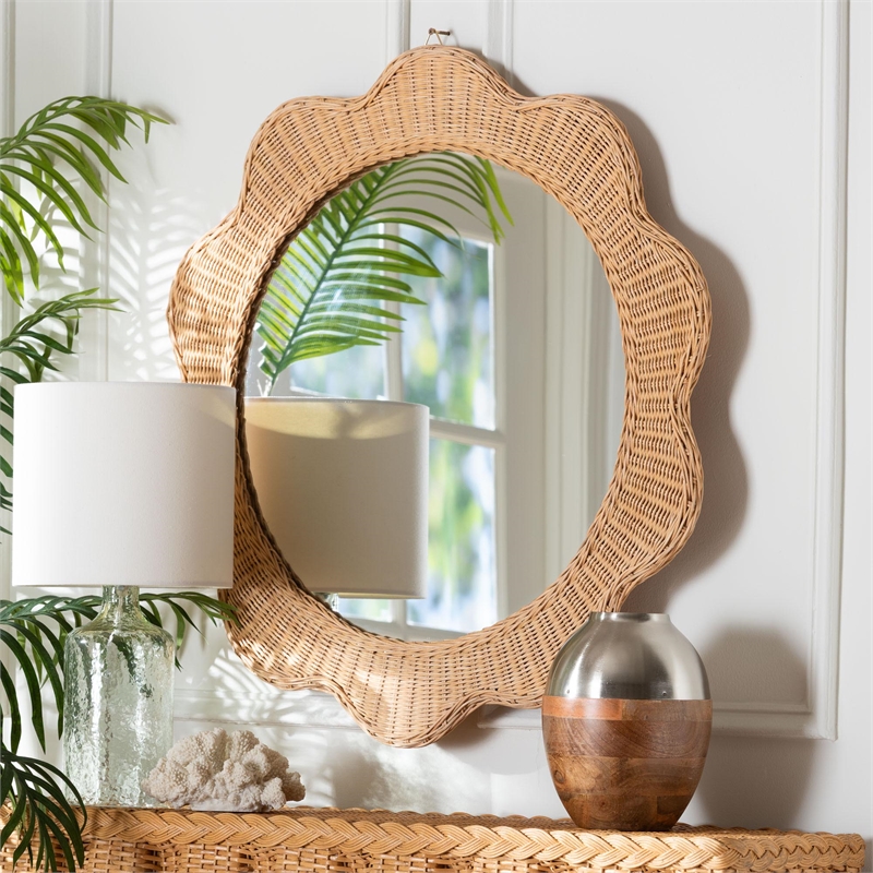 bali & pari Makoto Scalloped Natural Rattan Wall Mirror Wicker Round Frame