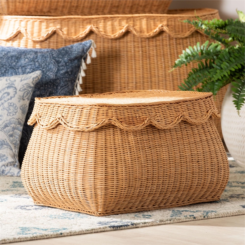 bali & pari Ayleen Natural Rattan Basket with Scalloped Lid Storage Box Small