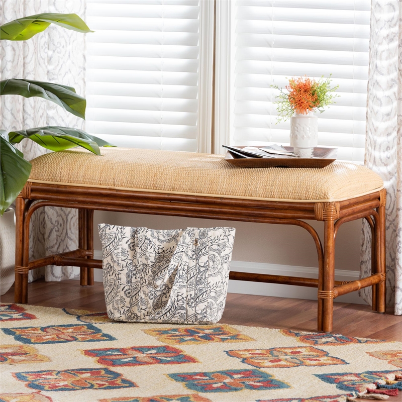 bali & pari Belen Marbled Tortoise Natural Rattan Bench Handwoven Wicker Seating
