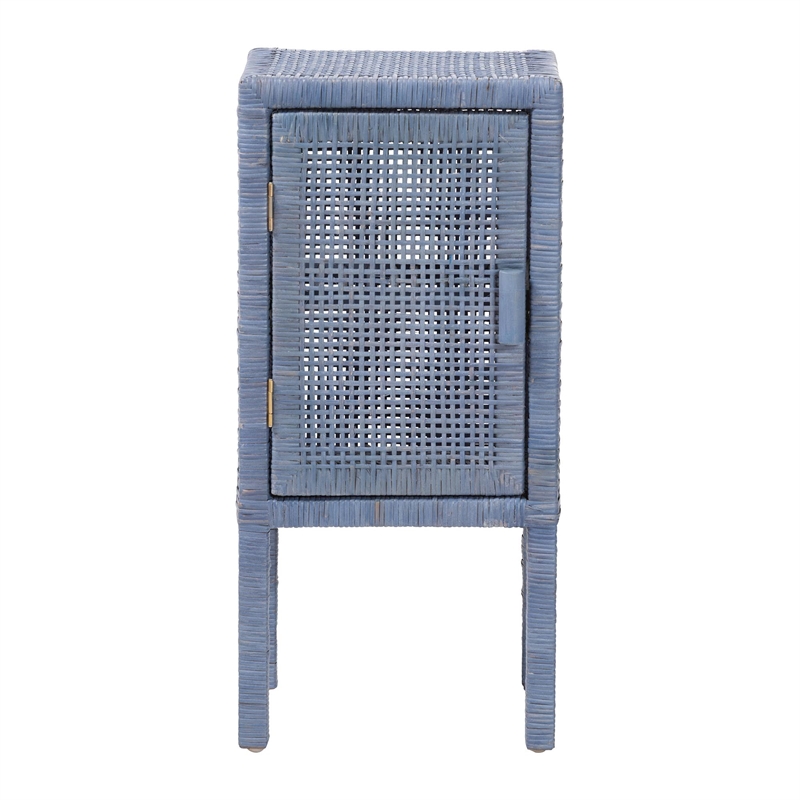 bali & pari Vivan Natural Rattan Nightstand Wood Accent Bedside Table Navy Blue