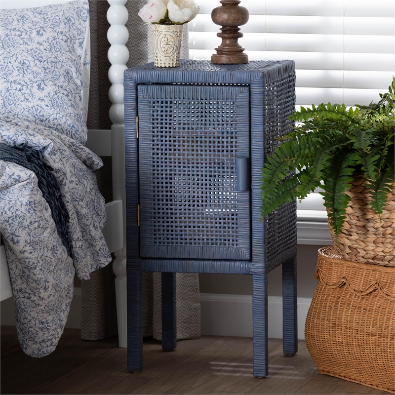 bali & pari Vivan Natural Rattan Nightstand Wood Accent Bedside Table Navy Blue