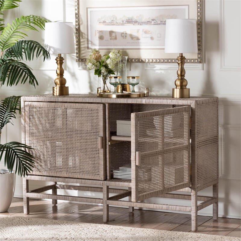 bali & pari Vivan Natural Rattan Storage Cabinet 2-Tier Accent Cabinet Grey