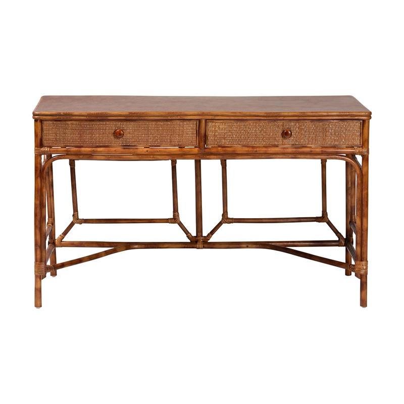 bali & pari Basile Marbled Tortoise Natural Rattan Desk 2-Drawer Writing Desk