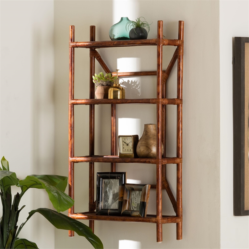 bali & pari Basile Marbled Tortoise Rattan 4-Tier Wall Display Shelf