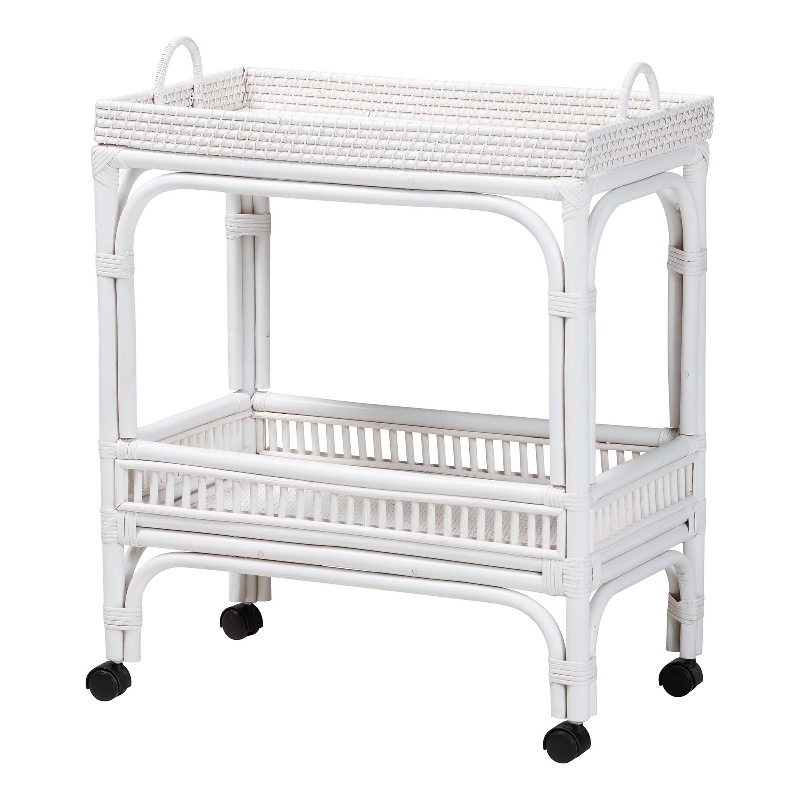 bali & pari Lombok Natural Rattan Wine Cart 2-Tier Mobile Bar Cart White