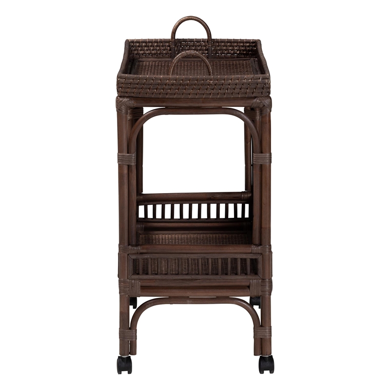 bali & pari Lombok Natural Rattan Wine Cart 2-Tier Mobile Bar Cart Espresso