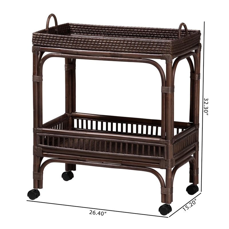 bali & pari Lombok Natural Rattan Wine Cart 2-Tier Mobile Bar Cart Espresso