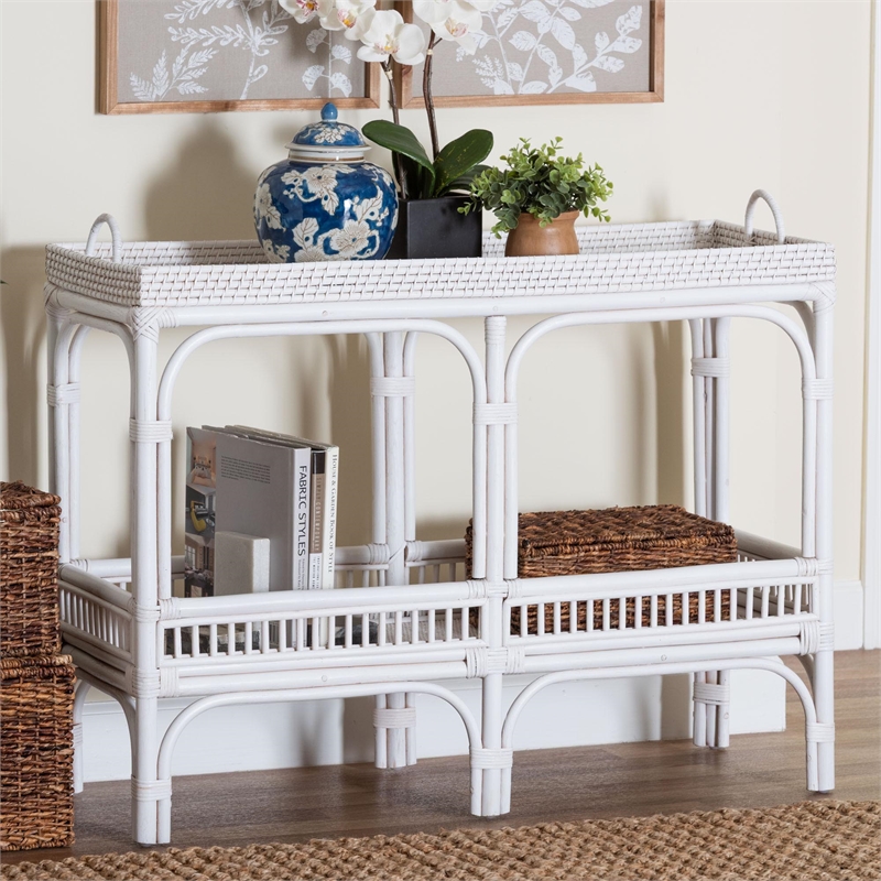 bali & pari Lombok Natural Rattan Console Table 2-Tier Accent Table White