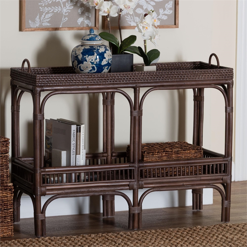 bali & pari Lombok Natural Rattan Console Table 2-Tier Accent Table Espresso