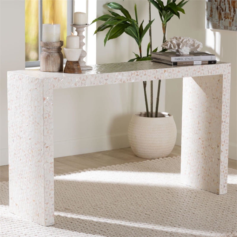 bali & pari Magara Capiz Shell Beige Wood Console Table Waterfall Accent Table