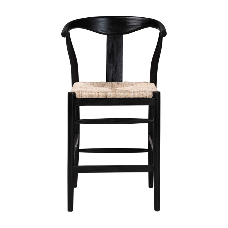 bali & pari Fika Wishbone Counter Stool with Seagrass Seat Wood Frame Black