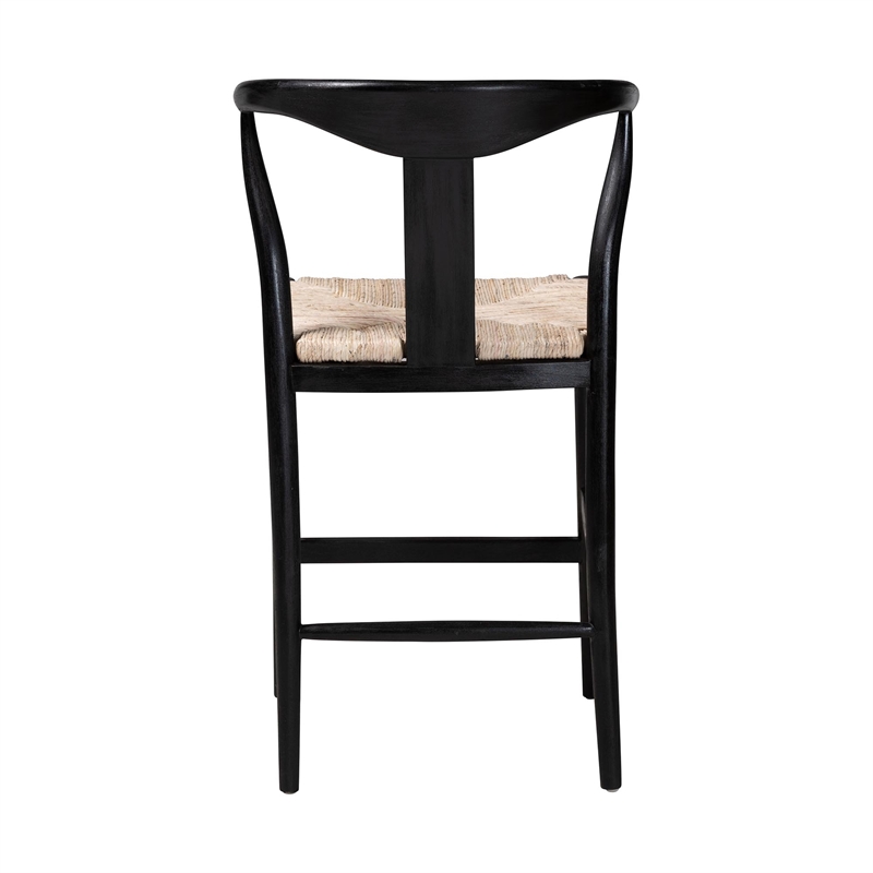 bali & pari Fika Wishbone Counter Stool with Seagrass Seat Wood Frame Black