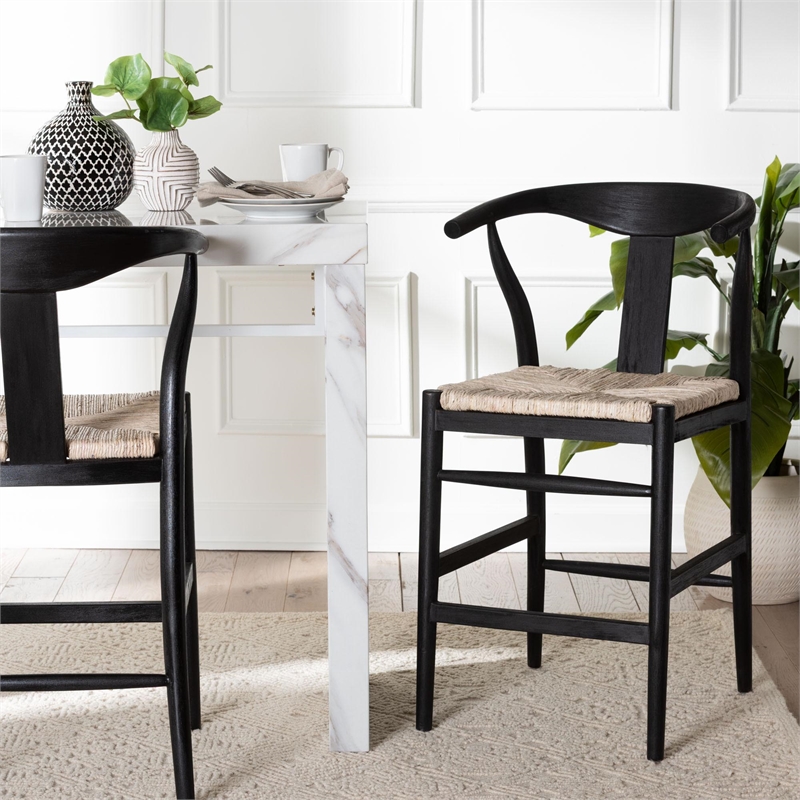 bali & pari Fika Wishbone Counter Stool with Seagrass Seat Wood Frame Black