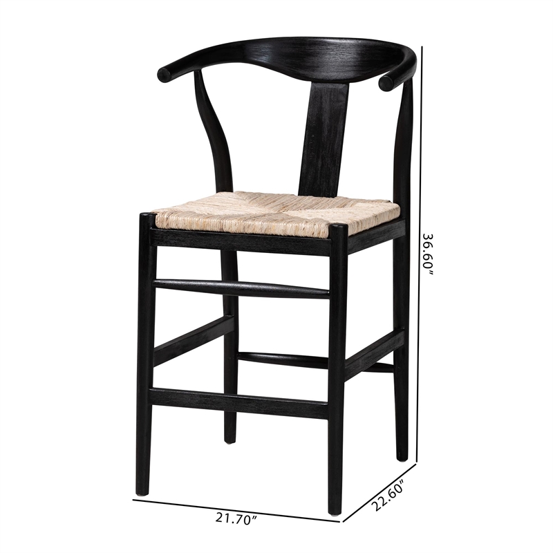 bali & pari Fika Wishbone Counter Stool with Seagrass Seat Wood Frame Black
