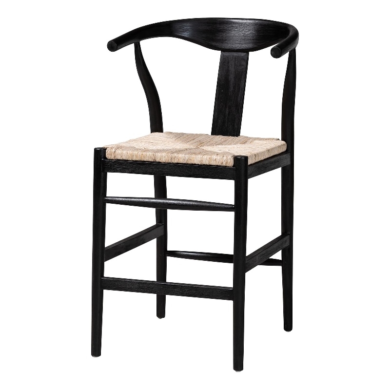 bali & pari Fika Wishbone Counter Stool with Seagrass Seat Wood Frame Black