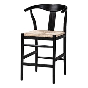 bali & pari Fika Wishbone Counter Stool with Seagrass Seat Wood Frame Black