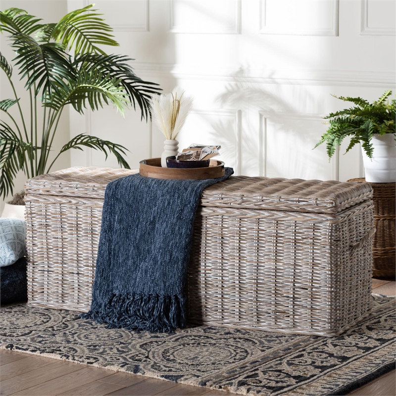 bali & pari Clarette Whitewashed Rattan Storage Bench Handwoven Storage Trunk