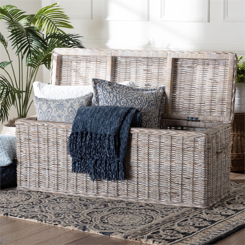 bali & pari Clarette Whitewashed Rattan Storage Bench Handwoven Storage Trunk