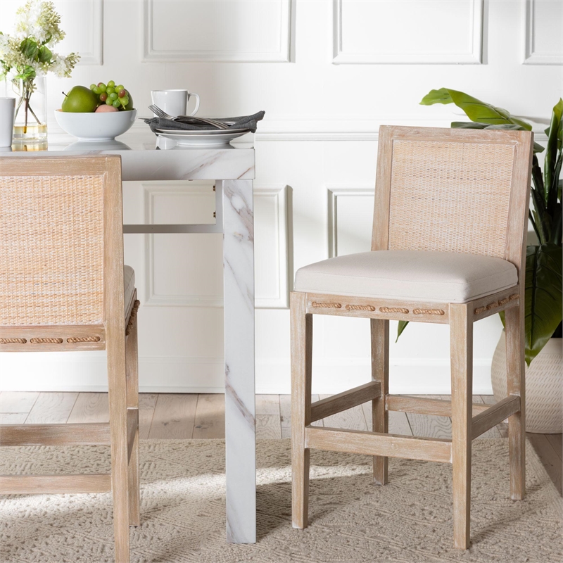 bali & pari Ashford Whitewash Rattan Counter Stool Mahogany Wood Frame