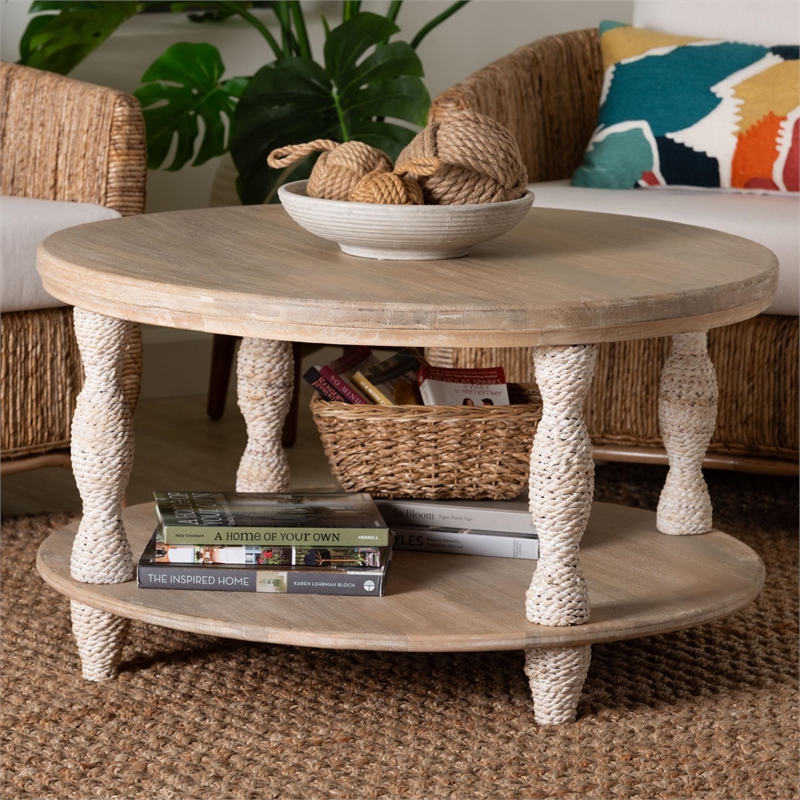 bali & pari Lejane Wood Coffee Table with Seagrass Legs Round Living Room Table