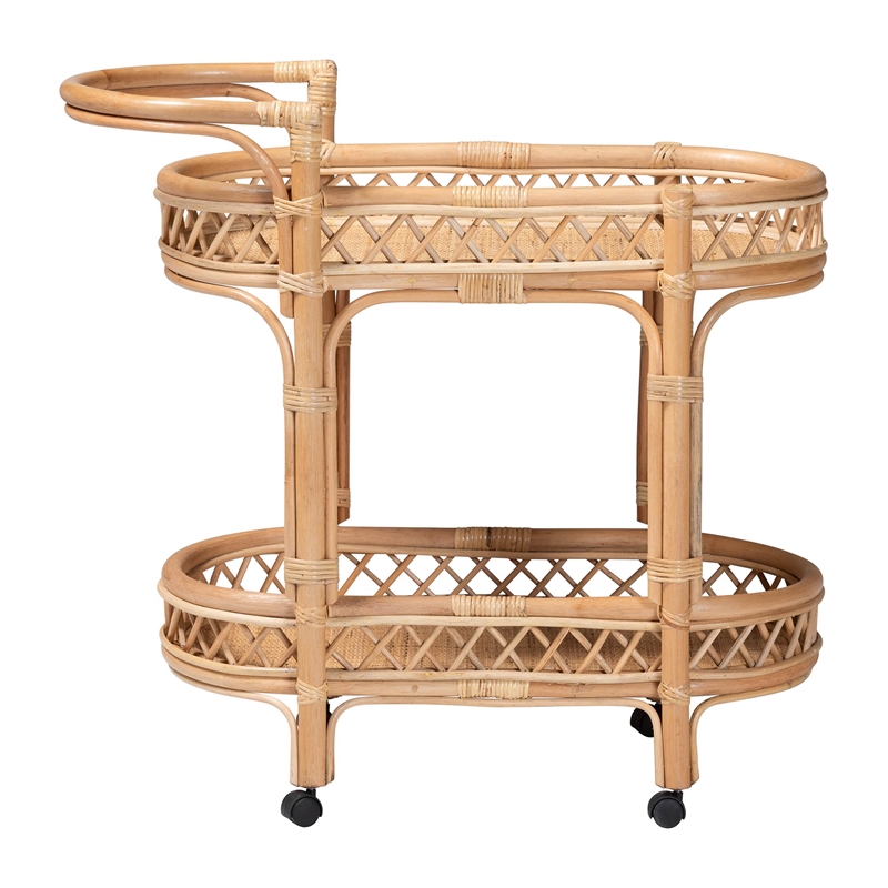 bali & pari Raul Natural Rattan Kitchen Cart 2-Tier Storage Trolley with Handle