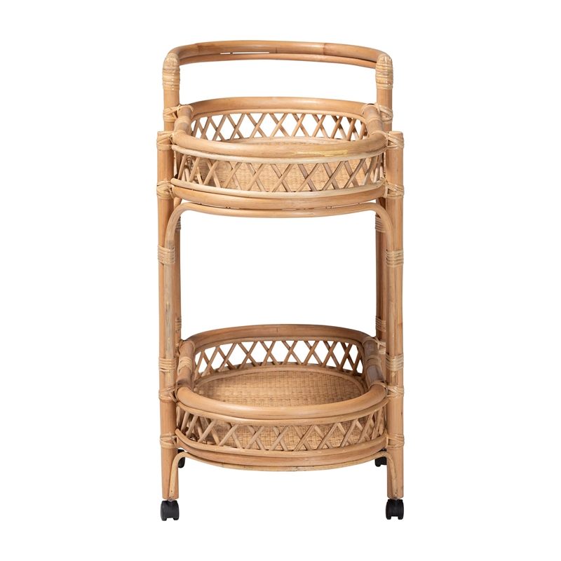 bali & pari Raul Natural Rattan Kitchen Cart 2-Tier Storage Trolley with Handle