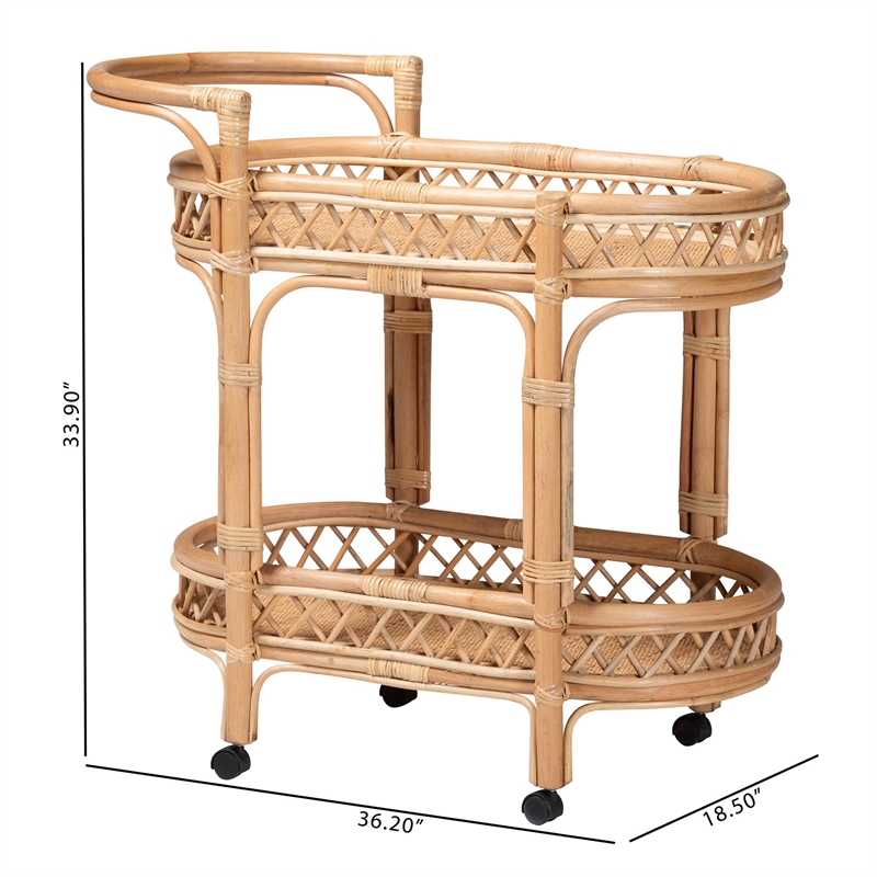 bali & pari Raul Natural Rattan Kitchen Cart 2-Tier Storage Trolley with Handle