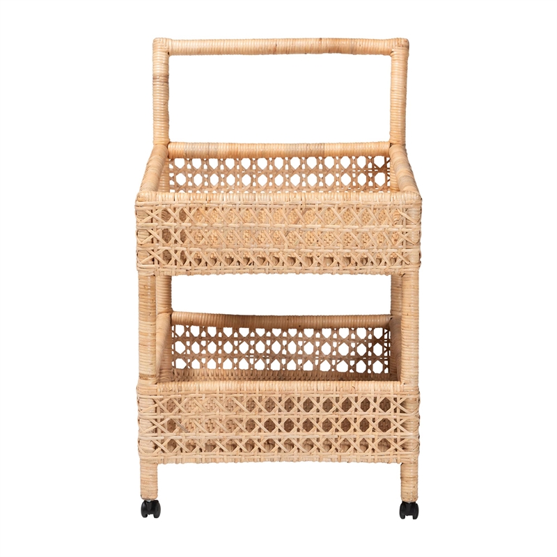 bali & pari Alaina Natural Rattan Kitchen Cart 2-Tier Handwoven Storage Trolley