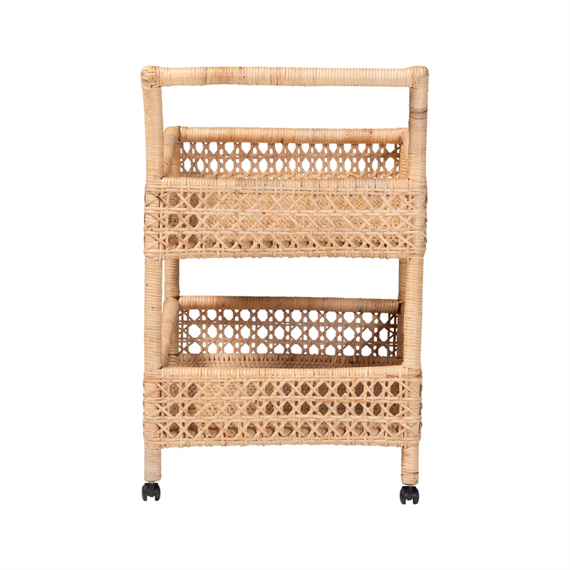 bali & pari Alaina Natural Rattan Kitchen Cart 2-Tier Handwoven Storage Trolley