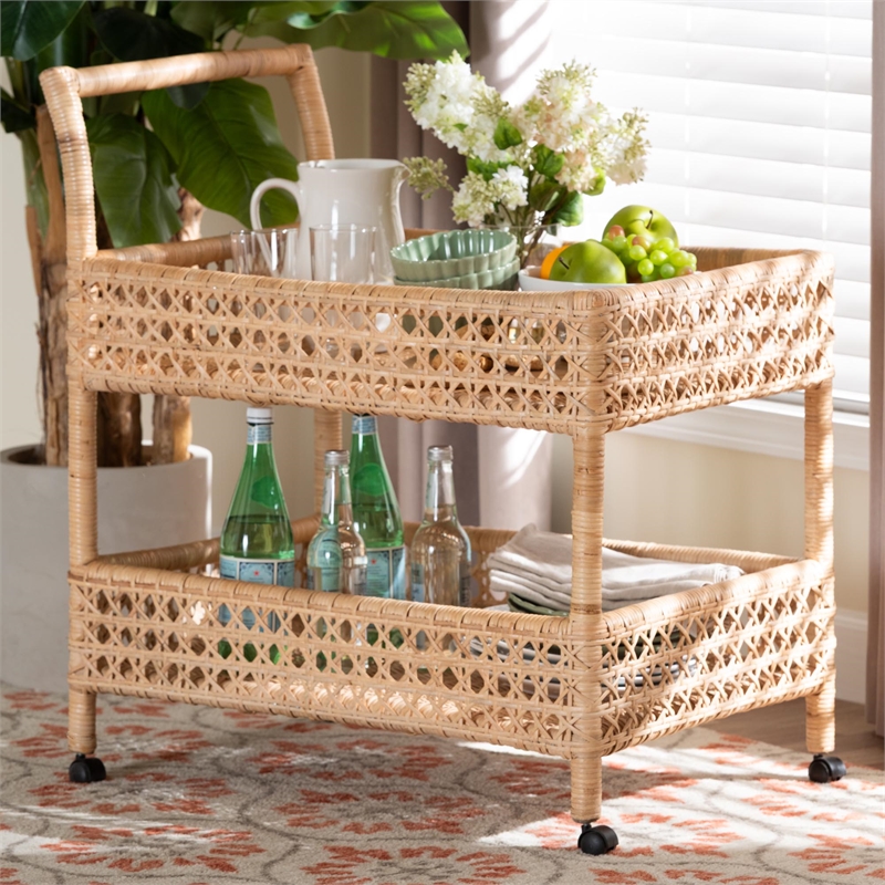 bali & pari Alaina Natural Rattan Kitchen Cart 2-Tier Handwoven Storage Trolley